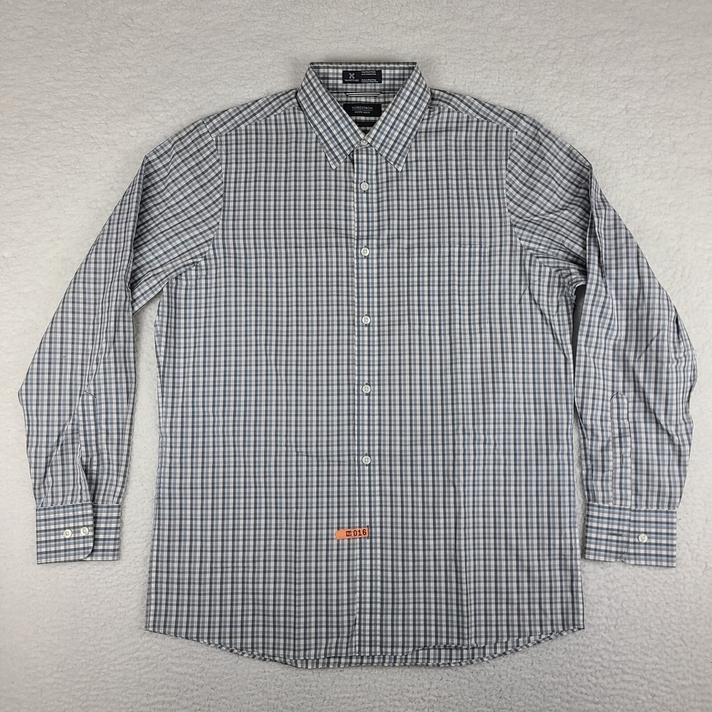 Nordstrom Shirt Mens Large Blue Gray Plaid Wrinkle Free Regular Dress Button Up